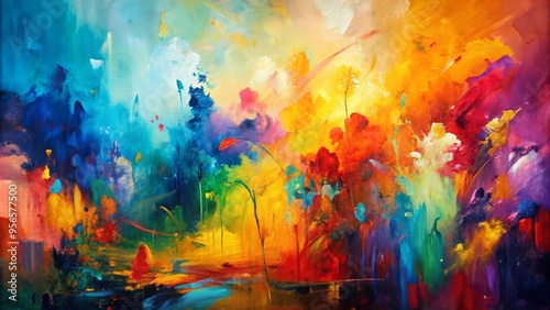 Vibrant abstract painting with gestural brushstrokes conveying expressive energy and movement on a large canvas