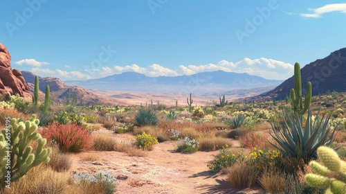 A wide shot of a desert landscape filled with various cacti and succulents, with a mountain range in the distance and a clear, cloudless sky overhead