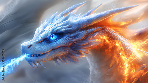 Playful cartoon dragon spitting blue flames, isolated on a white background