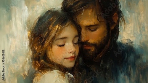 ethereal religious painting jesus embracing young girl soft brushstrokes radiant light muted earthy tones emotive expressions