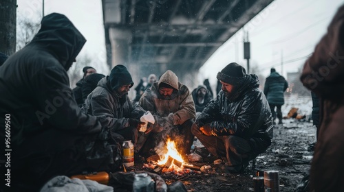 Group of Homeless People Huddled Around a Fire Under a Bridge: Survival and Resilience in Harsh Conditions