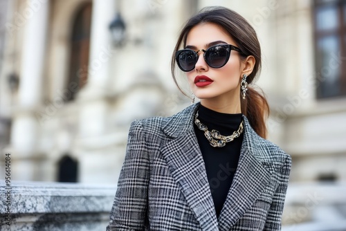 A fashionable woman wearing stylish sunglasses and a checkered blazer, accessorized with earrings and necklace, posed confidently in an urban setting.