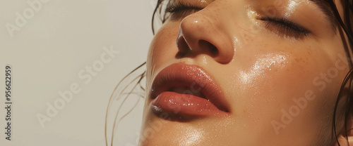 Beautiful brunette woman with clean glowy dewy skin, close up with gray background