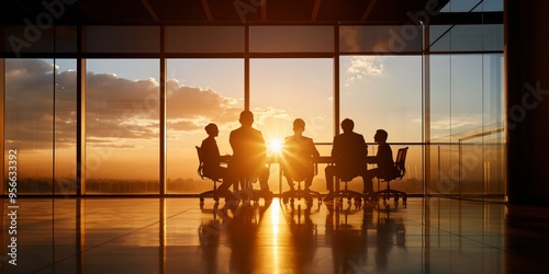 Silhouettes of people participating in a meeting in a modern office building, with the setting sun creating a dramatic backdrop, conveying teamwork and corporate environment.