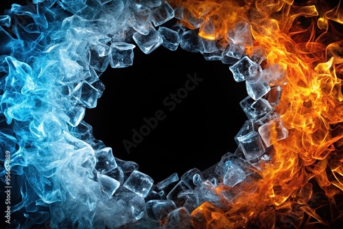 Abstract ice and fire circling frame on a black background with reflection, digital art, cold, fantasy, element, magical, circle, elemental, ethereal, opposites, icy, circle frame, flame