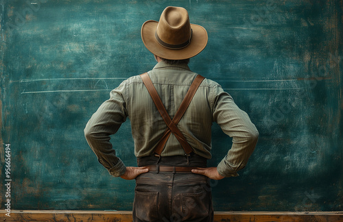 ein mann im indiana jones style mit hut schaut auf eine leere kreidetafel tafel wand