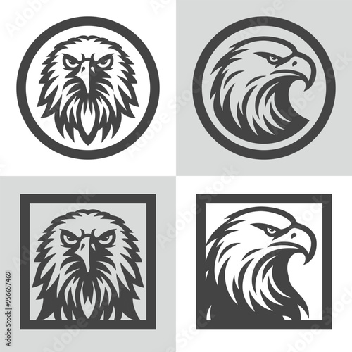 Eagle head. Set of vector logos, front and side views in tattoo style. Majestic symbol of freedom, strength, pride and protection. Sharp features and clear profile of eagle head in circle or square.