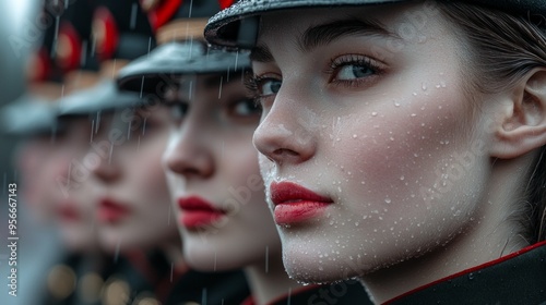 Cold white Russian women in uniforms with beautiful faces. Soldiers are standing for the completion ceremony at army recruit training center