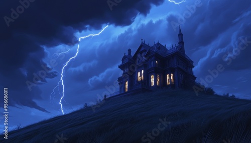 A dark, stormy scene featuring a haunted house on a hill, illuminated by lightning and glowing windows.