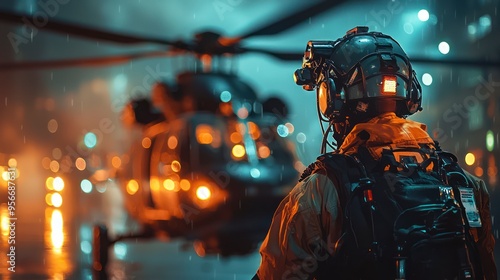 Firefighter standing in front of a helicopter during a rescue mission at night