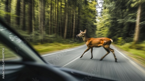 A speeding car almost hits a brown deer as it suddenly crosses the road in a forest area. The image emphasizes the dangers of driving near wildlife.