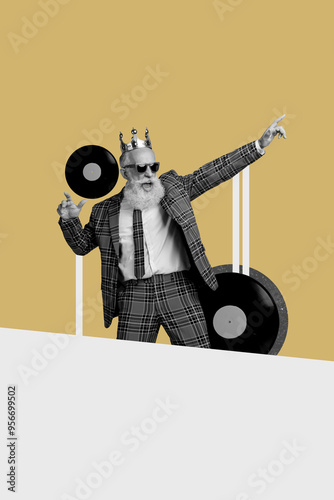 Vertical collage picture elder man pensioner funky dancer disco vintage vinyl royal crown headwear party celebration festive event