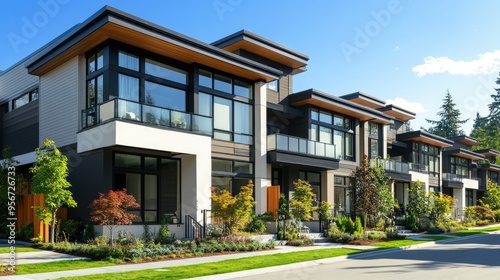 Exterior of a modern townhouse with a clean, minimalist design, including a spacious balcony, large windows, and a landscaped front yard