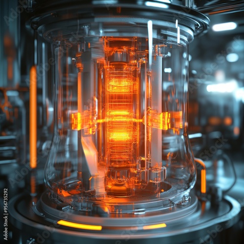 Close-up of a glowing orange reactor core in a futuristic glass chamber.