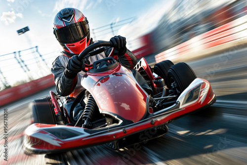 Kart driver racing on track with motion blur effect