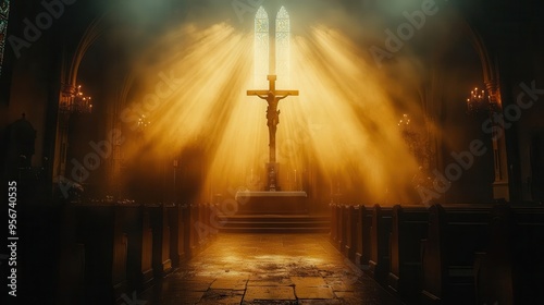 religious iconography ornate crucifix bathed in radiant light symbolizing resurrection ethereal atmosphere with hints of celestial realm beyond