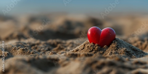 Image of two red heart-shaped objects buried in sandy beach, symbolizing love, romance, and deep emotions, evoking feelings of warmth and affection in a sunny setting.