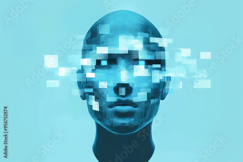 A pixelated human face in cool blue tones symbolizes digital transformation and the integration of technology in human identity.