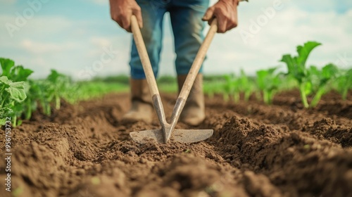 Farmer using a hoe to manually cultivate the soil in an organic farming field with a deep depth of field showcasing the traditional farming tools and rural landscape