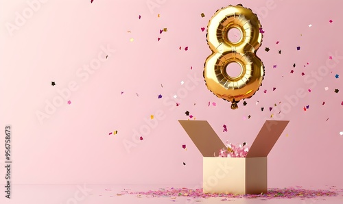 Happy birthday 8th with golden balloons and gift box on a pink background