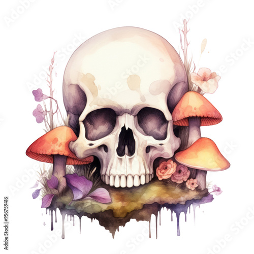 Human anatomical skull with growing mushrooms. Hand-drawn raster illustration