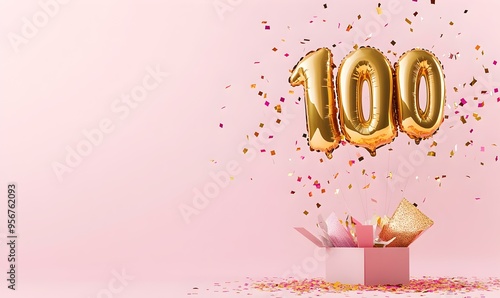 Happy birthday 100th with golden balloons and gift box on a pink background