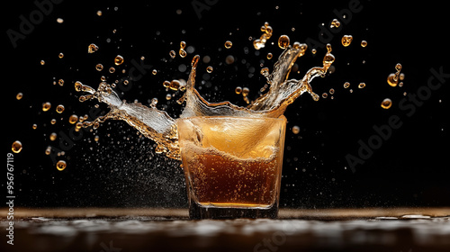 A splash of liquid, likely whiskey or another alcoholic beverage, captured as it overflows from a glass against a black background.