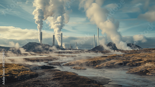 Industrial landscape dominated by a geothermal power plant with large towers emitting thick clouds of steam into the sky.