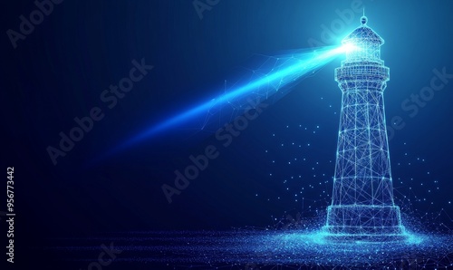 Lighthouse on the seashore in digital futuristic style. Light effect as a guide to the sea. Night landscape of rocky coast with building. Illustration in the form of a modern art piece.