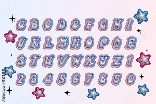 Glossy chrome 3d inflated alphabet and number set. 3D y2k holographic chrome letters and numbers