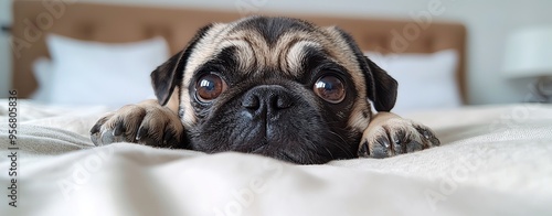 Petfluencer A cute pug resting on a cozy bed, showcasing its adorable face and expressive eyes, perfect for pet lovers and cozy moments. pet idol ,pet star