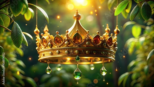 A glistening golden crown suspended upside down, adorned with precious gems, slowly drips with honey-like liquid, surrounded by lush greenery and soft, warm lighting.