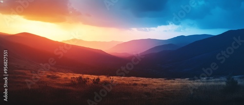 Design a time-lapse inspired image, showcasing the gradual shift from daylight to twilight in a mountainous landscape, emphasizing natural light changes