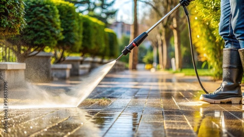 A powerful pressure washer sprays a high-pressure stream of water to clean a dirty, grime-covered sidewalk, blasting away dirt and leaving a clean surface behind.