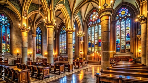 A serene, candle-lit interior of a historic church, with ornate stone columns, stained glass windows, and a majestic grandeur that evokes spiritual contemplation.