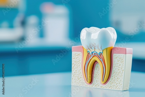 Detailed anatomical model of a tooth showcasing layers and structures for educational purposes in a dental environment.