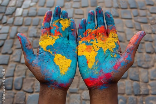 World Map Painted on Two Hands Photo