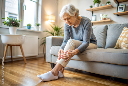 Senior female showing swollen ankles at home.