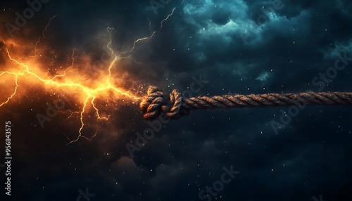 Visual Metaphor of Trade Imbalance as Tug-of-War with Intense Lighting and Stormy Sky Background