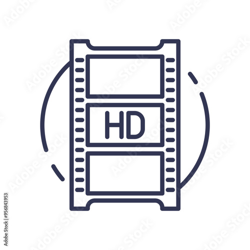 Icon of a film strip with 'HD' text, symbolizing high-definition video quality and high-quality output.