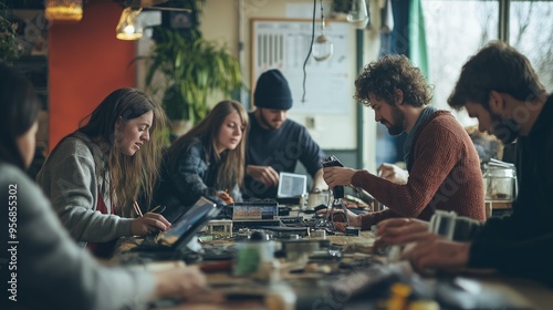 Diverse individuals collaborate at a community repair cafe to fix electronics, embracing ethical consumption and slow tech principles