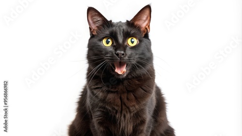 Adorable black cat with a goofy expression, tongue out, and ears back, sitting on a white background with a hint of mischief in its eyes.