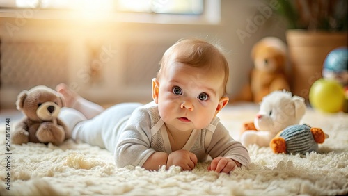 Adorable infant lying on stomach, arms splayed, gazing up curiously amidst soft, plush carpet fibers, surrounded by scattered toys in warm, natural light.