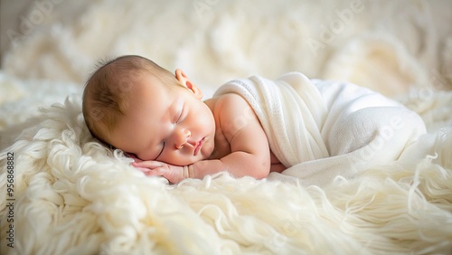 Adorable sleeping newborn baby lies on a soft, white, rumpled bed against a serene, creamy background with gentle folds and subtle texture.