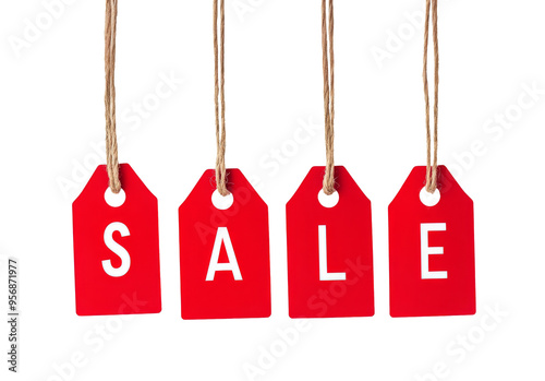 Four red hanging wobbly sale tags with strings isolated on transparent background