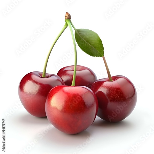 Four vibrant red cherries with green stems and leaves. isolated on a white background.