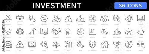 Investment thin line icons set. Investment, Investor, Asset, Profit, Portfolio, Fund, Dividend editable stroke icon. Vector