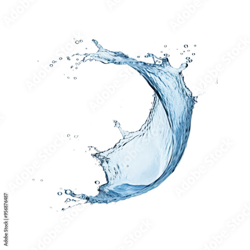 Water splashes with droplets, swirling and flowing on a white background. Suitable for refreshing, clean, or water themed designs with a dynamic touch