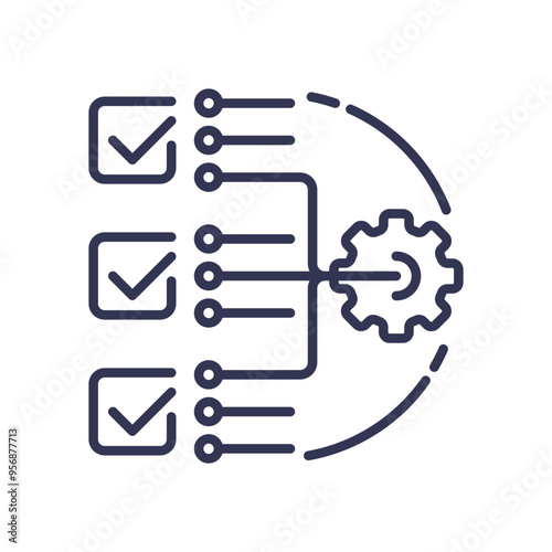 Illustration of checklists and a gear symbolizing uniformity and systematic processes.