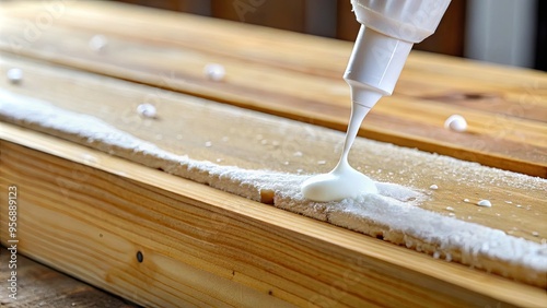 Close-up of a strong-bonding white glue being applied to a piece of rough-hewn wooden plank, with excess oozing out and forming tiny bubbles.